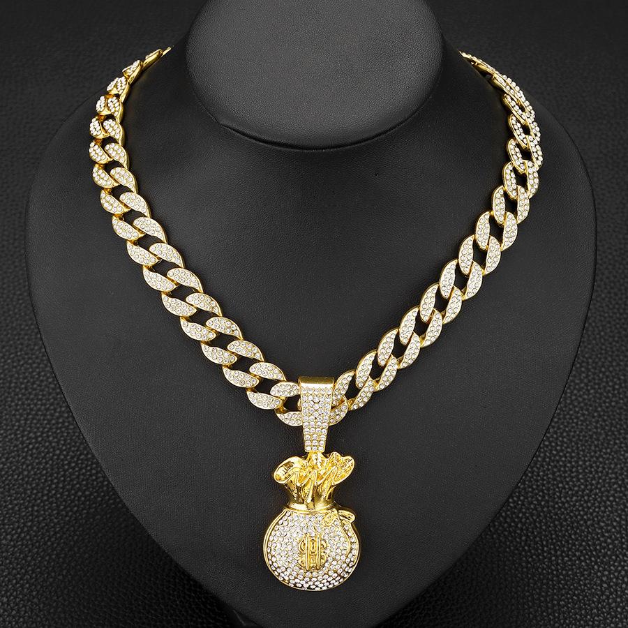 Hip Hop USD Full Diamond Personalized USD Symbol Money Bag Alloy Pendant Hip Hop Men's Cuban Chain Necklace