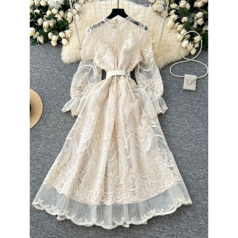 French style Elegant Dress Women Spring High-Grade Heavy Embroidery Mesh Waist Hugging Slimming Puffy Fairy Long Skirt