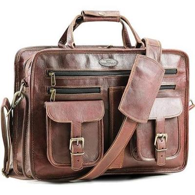 Handmade World Leather Messenger Bag - 16 Inch Briefcase Office Work Bag Brown Leather with Crossbody Shoulder Strap