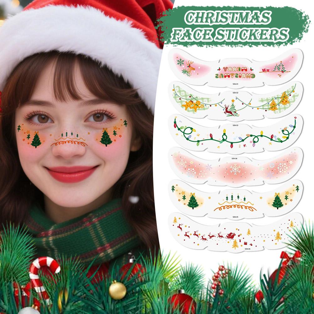 6 Pieces/set Of Cute Christmas Tattoo Stickers Holiday Activities Sweet Makeup For Girls Temporary Tattoo Stickers On The Face