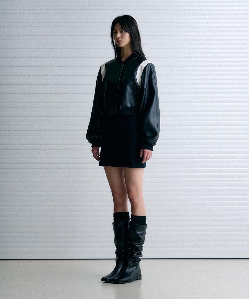 Leathery Corduroy Varsity Teddy Jacket [Black]
