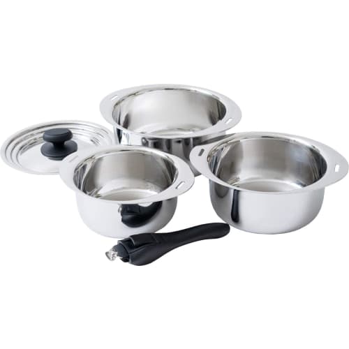 Miyazaki Seisakusho Jyutoku Nabe (16, 18, 20cm) Pot Set with Sauce Pot, Dual-Use Lid, and One-Handed Handle (JN-ST-1)