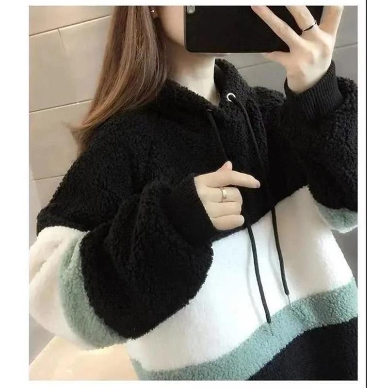 Dámská podzimní a zimní volná a silná teplá mikina s kapucí z jehněčí vlny s fleecem