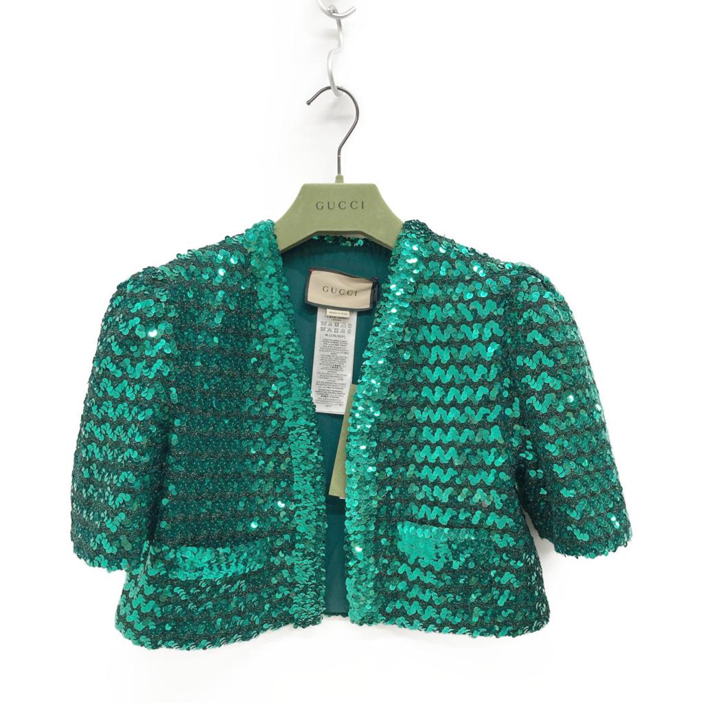 Gucci 653449 XKBTI Glitterx Sequin Silk Lining Collarless Buttonless Jacket M greenUsed