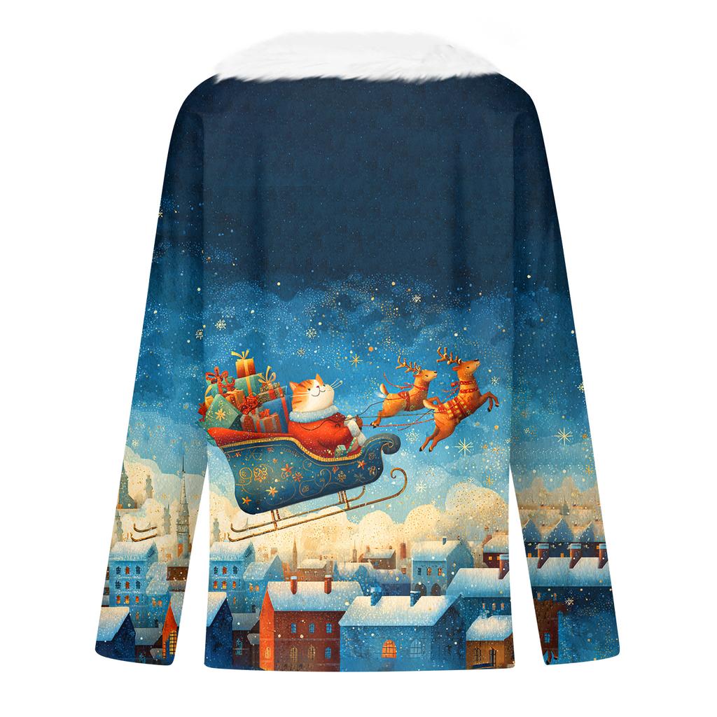 Women's Christmas Printed Long Sleeved Party Plush Neck V-neck Top