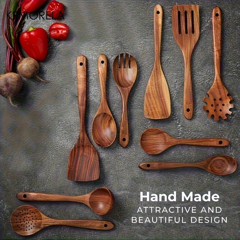 KEMORELA 10PCS Natural Wooden Spoon Set Cooking Utensils for Salad Soup Noodles Kitchen Utensil Kit with Spoons Ladles