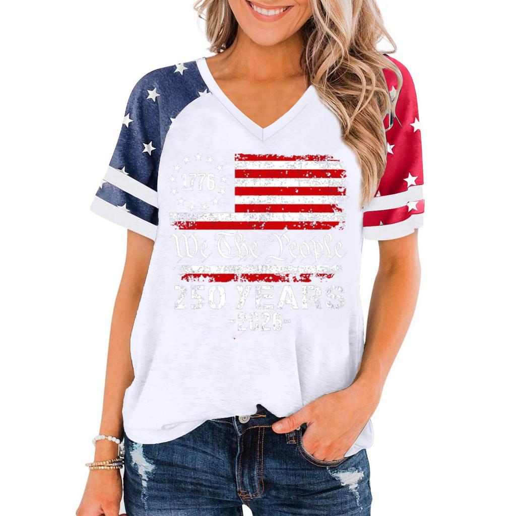 Women's Casual V Neck Short Sleeve Pullover T Shirt Independence Day Graphic Top 250 Years Commemorative Design Lightweight Comfortable Fit