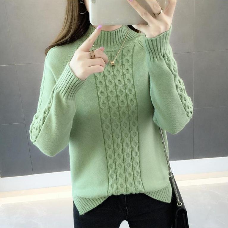 

Вязаный свитер для женщин, свободный свитер с полувысоким воротом, свитер со средним воротом, модный осенне-зимний топ L зелёный