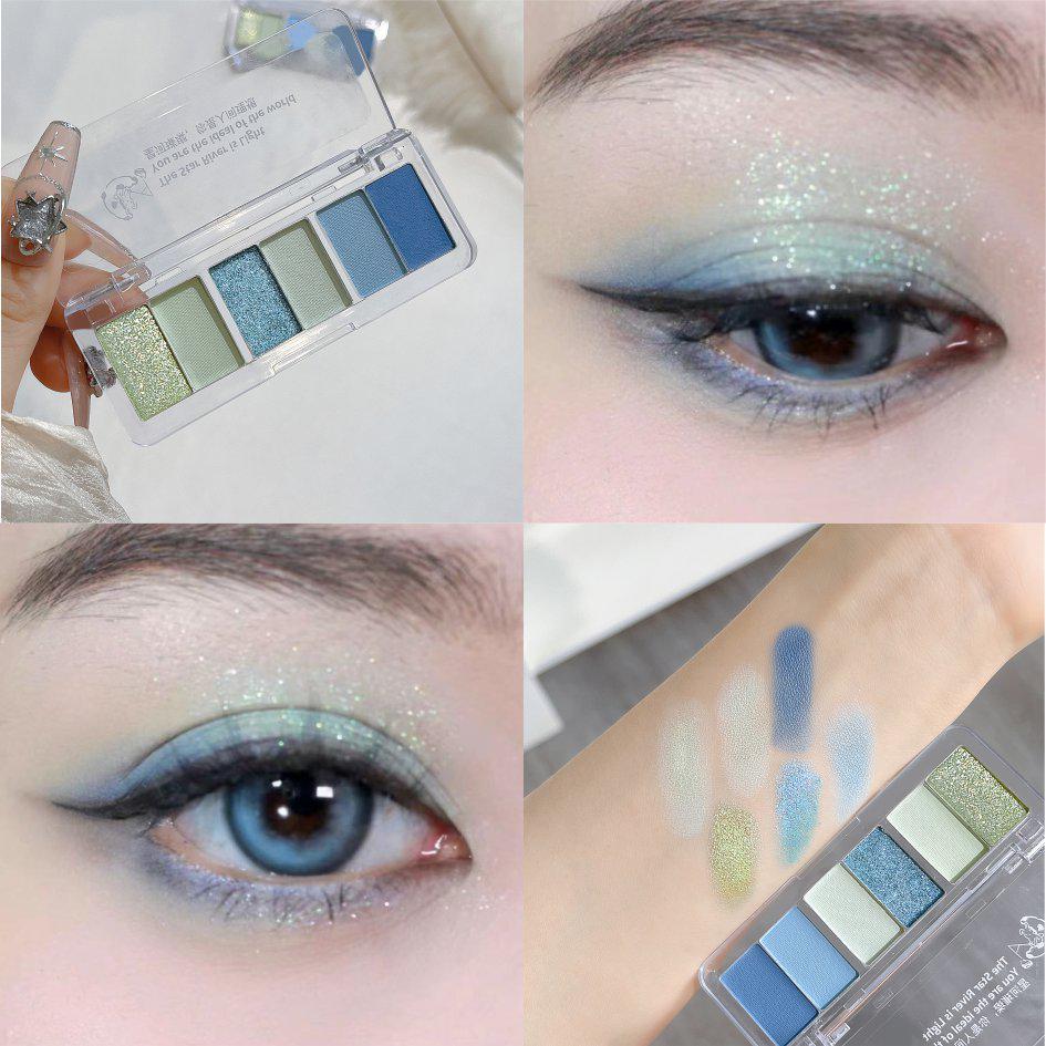 JADED Vashda: Lively Six-Color Eyeshadow Palette - Dopamine Cool Blue-Green & Pink Tones, Portable with Mirror