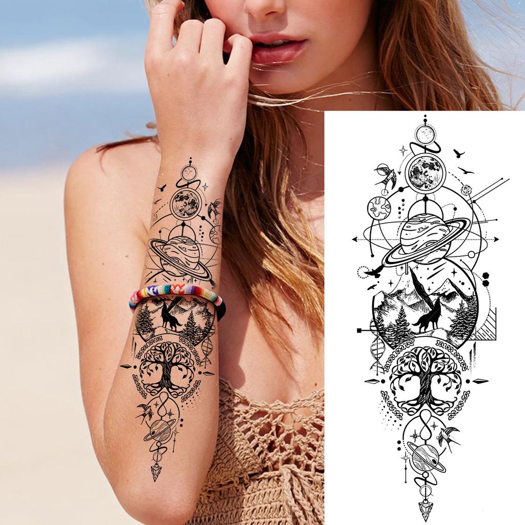 1 Sheet 3D Watercolor Universe Planets Temporary Tattoos For Men Women Long Lasting Waterproof Fake Tattoo Sticker Body Arm Art