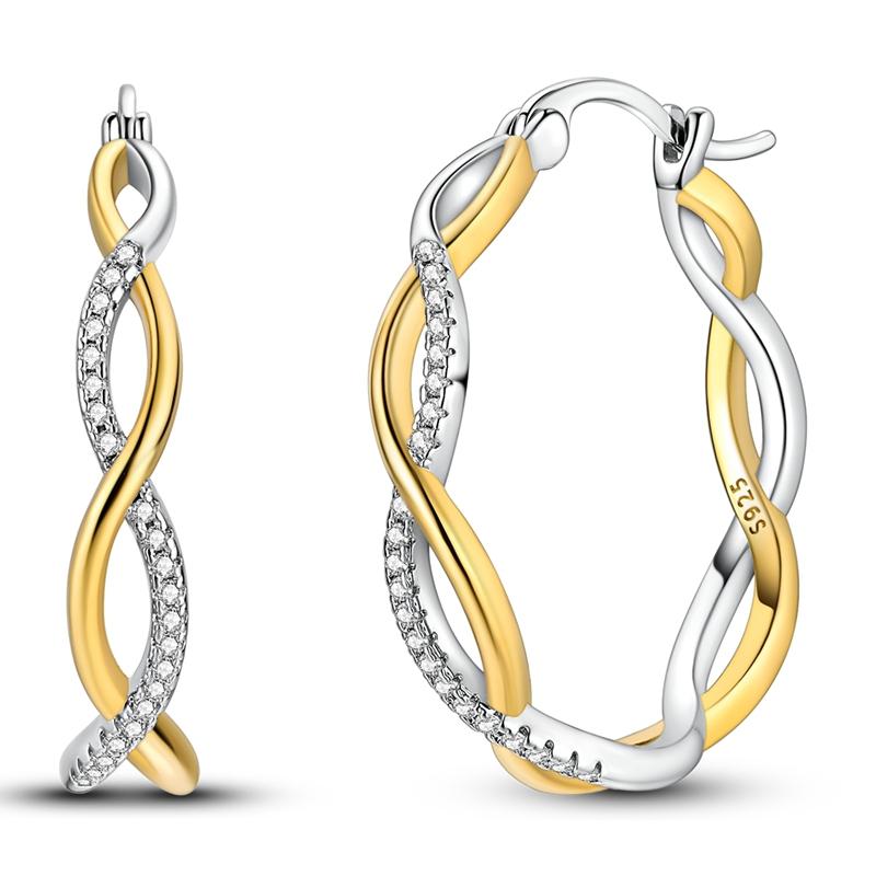 

925 Sterling Silver Two Tone Gold & Silver Twisted Hoop Earrings Infinity Paved Huggie Hoops Earrings for Women Jewelry Gifts