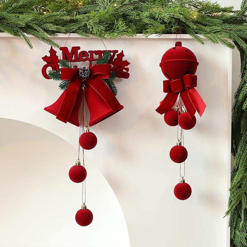 Flocking Christmas Ball Hanging Ornaments Velvet Red Bell Christmas Tree Decoration Pendant Home New Year Party Supplies