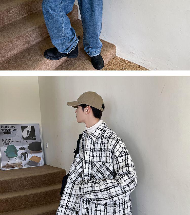 Men's Plaid French-Style Wool Coat - Autumn/Winter Trendy Lapel Loose Jacket.