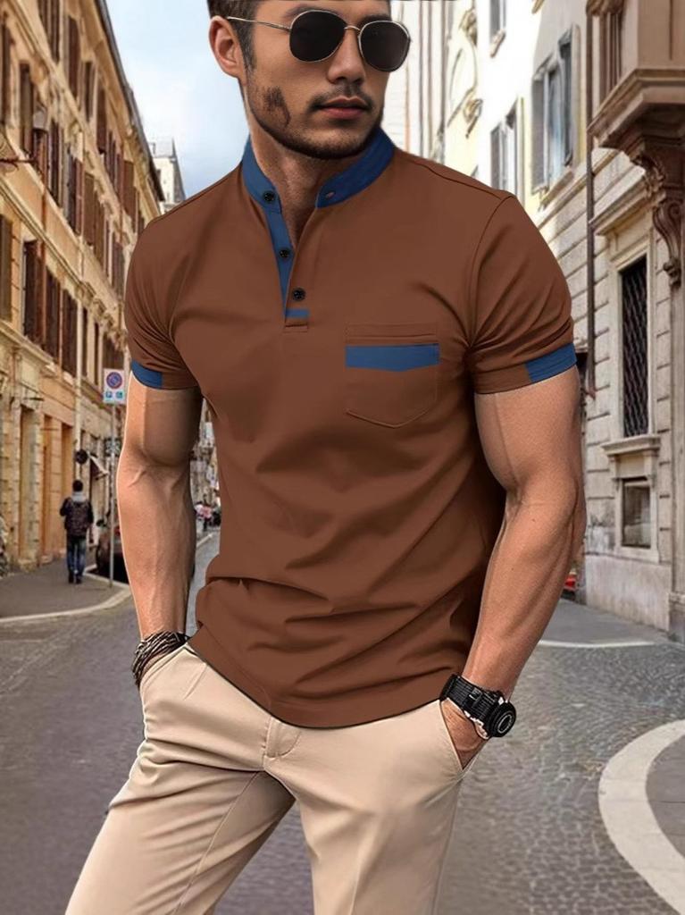 Men Simple Color Block Pocket Printed Polo Shirt