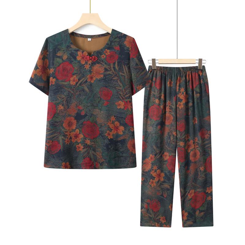 YUZHAOLIN Women's Elderly Summer Floral Print Two-Piece Set