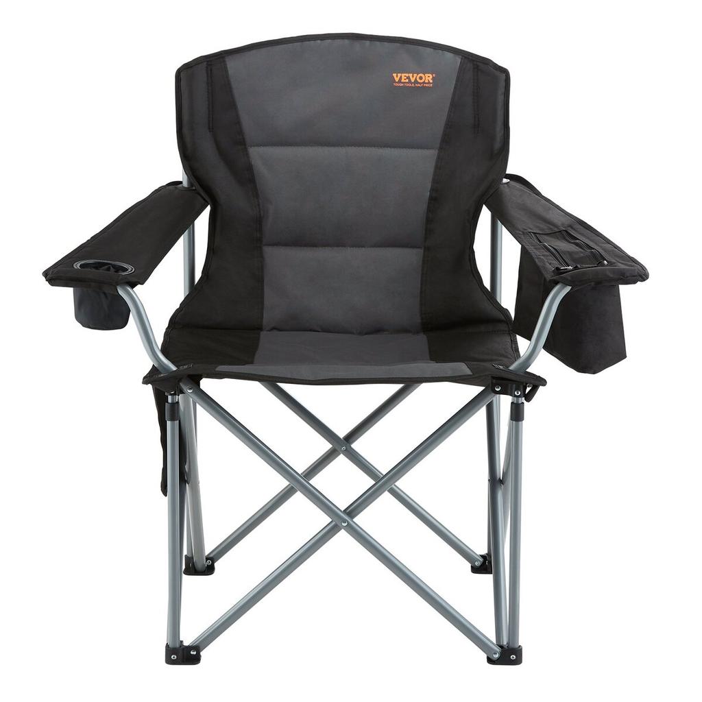 Camping Folding Chair for Adults, Portable Heavy Duty Outdoor Quad Lumbar Back Padded Arm Chairs with Side Pockets, Cup Holder and Cooler Bag for