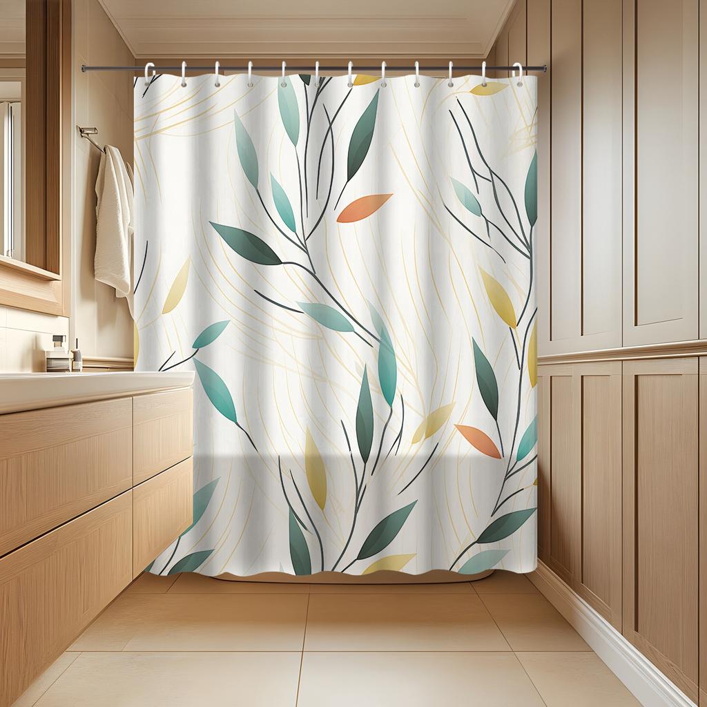 1pc Modern Leaf Print Shower Curtain, Polyester Fabric, Machine Washable, Suitable for Bathroom Decoration