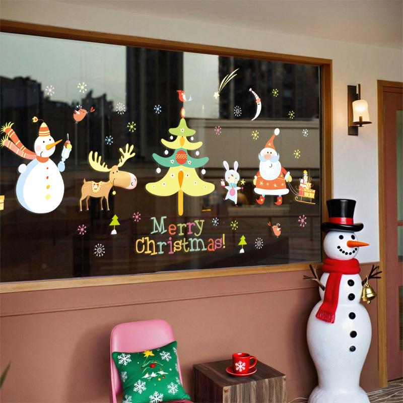 Christmas Tree Decorations, Electrostatic Glass Stickers, Festive Snowman and Reindeer Scene Decoration, Event Stickers