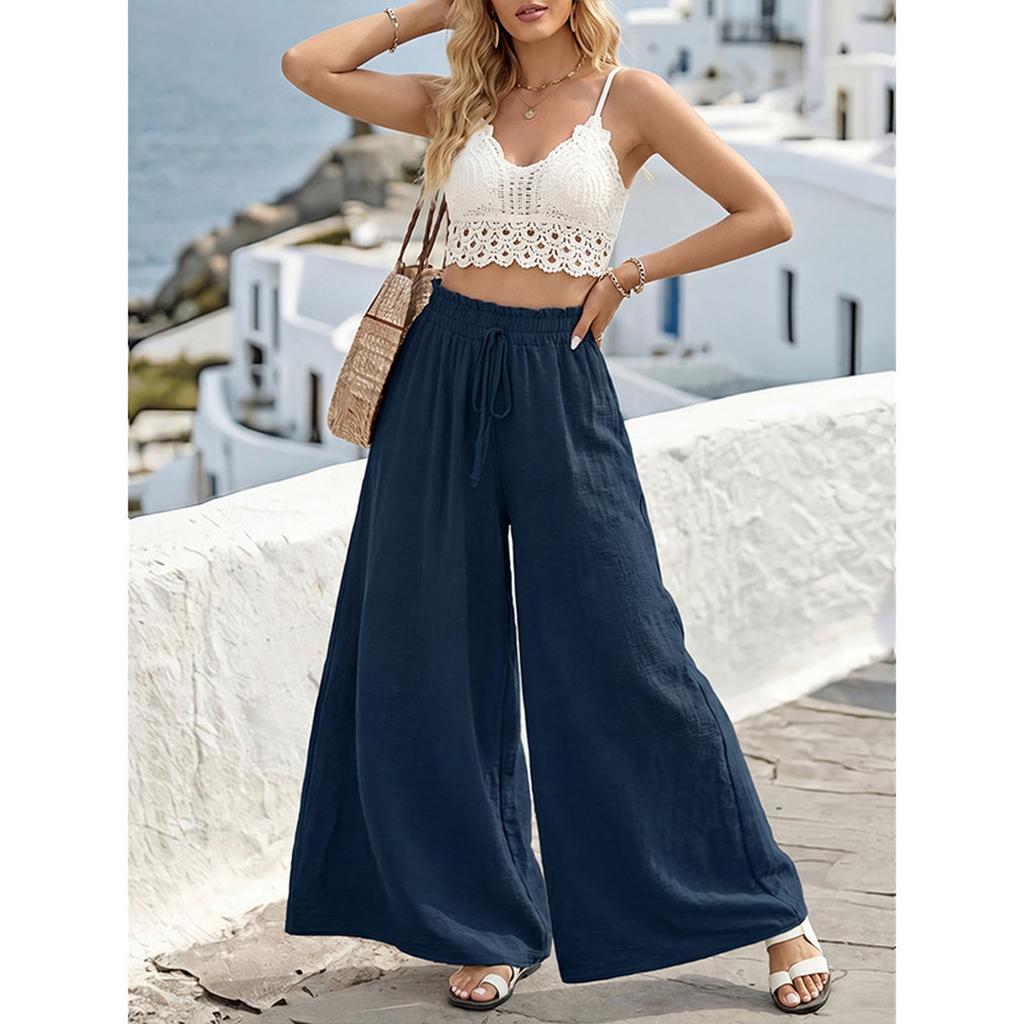 Women Loose Wide Leg Pants Elastic Waist Drawstring Trousers Casual Vacation Straight Leg Palazzo Pants