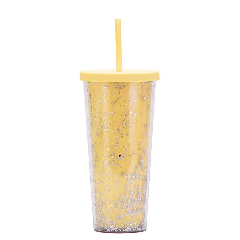 24Oz Double-Layer Plastic Cup Men'S And Women'S Sequined Shallots Glitter Creative Water Cup With Straw
