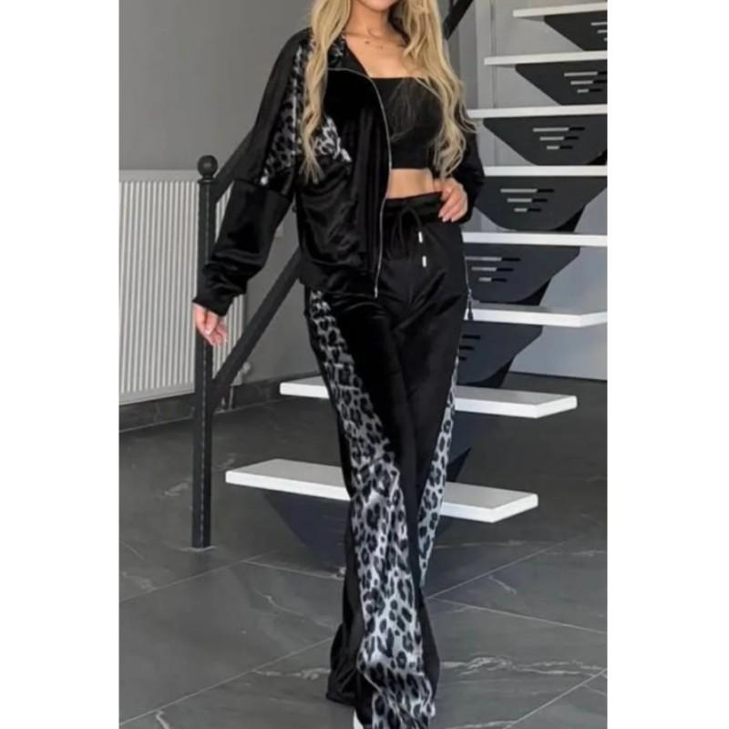 

Женский весенне-осенний повседневный комфортный комплект контрастного цвета: куртка с длинным рукавом + брюки, комплект для дома XS чёрный