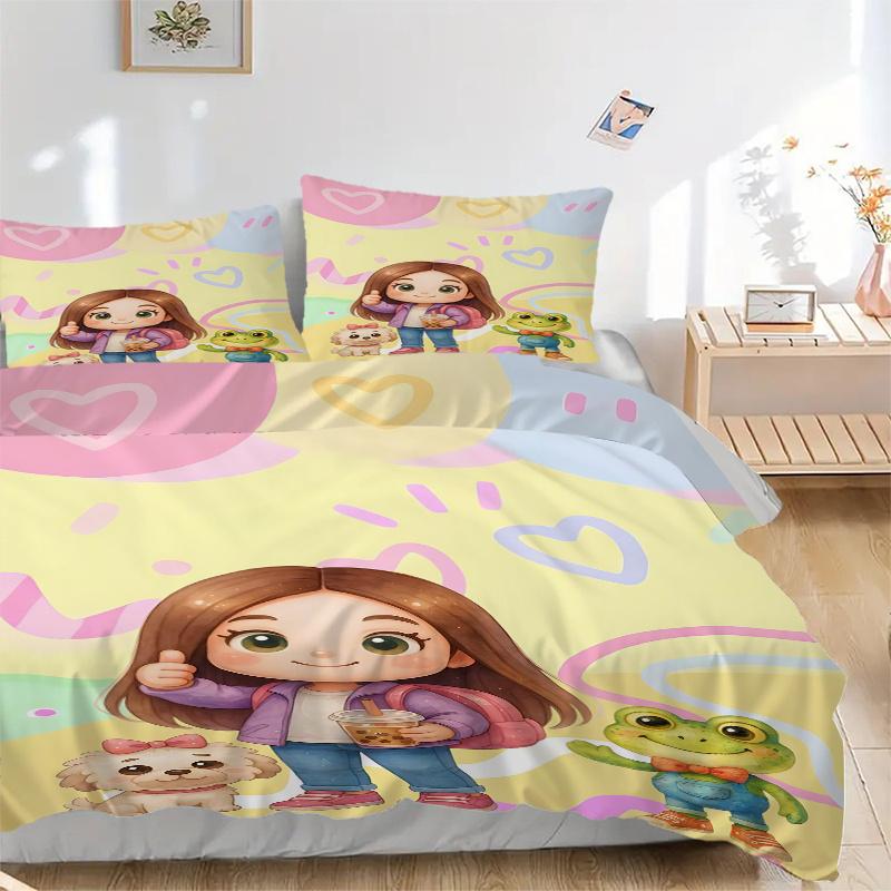 

3pcs Adorable Cartoon Girl with Bubble Tea, Dog, and Frog Home Decor Set-Perfect for Bedroom, Living Room, Hotel, or Gift Giving!1202075a 135x200cm