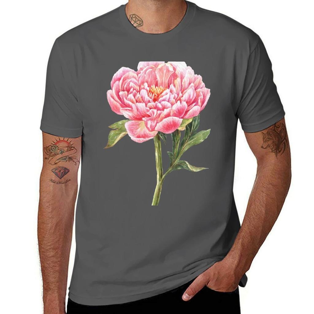 Watercolor Peony TShirt Classic Crew Neck Cotton TShirt