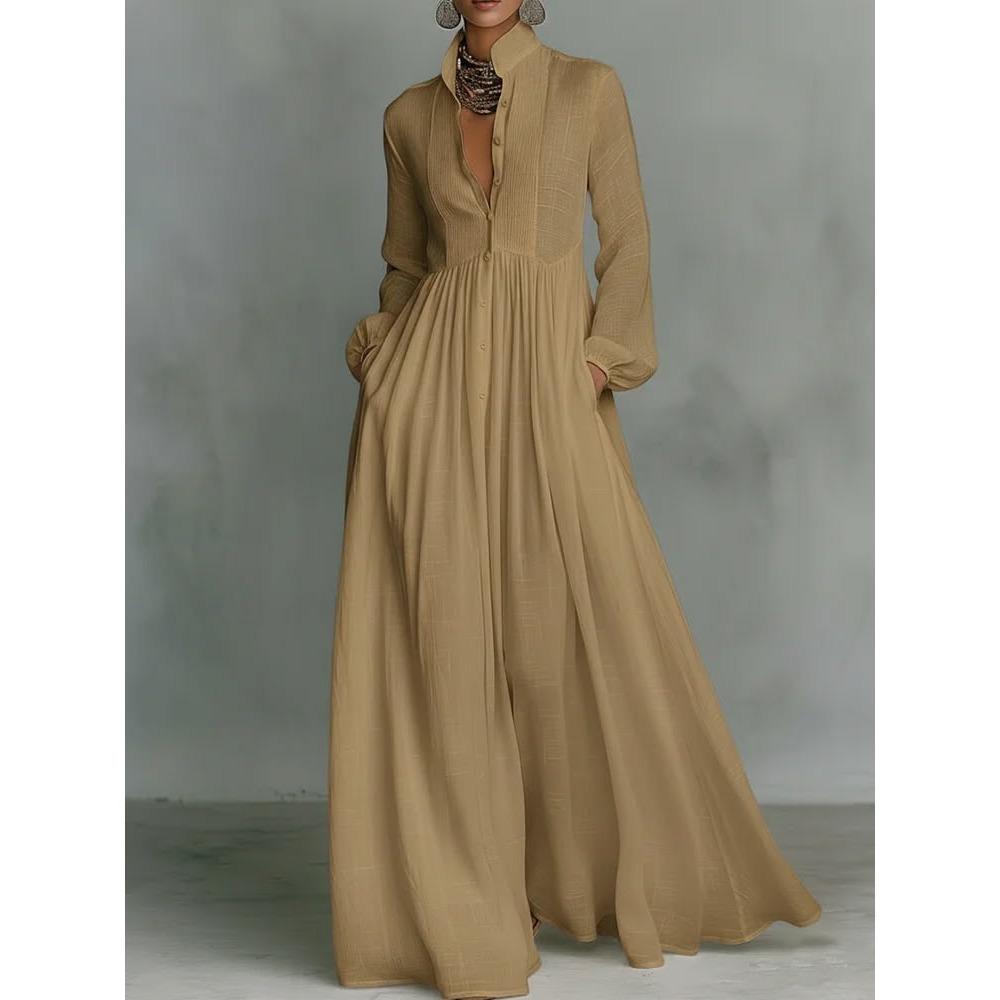 Abito Pieghettato a Vita Alta Sottile a Maniche Lunghe Stile Europeo e Americano Francese Temperamento Elegante Retro Casual Stile Vacanza