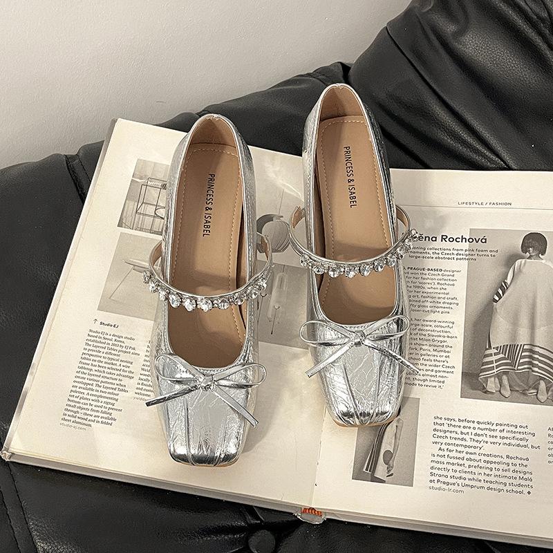 Französische Schleife dicker Absatz High Heels Damen Sommer 2025 neue Strass eckige Zehen Einzelne Schuhe flacher Ausschnitt Mary Jane Schuhe