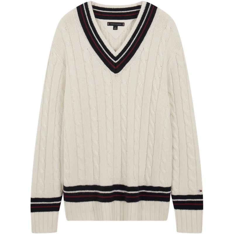 

Tommy Hilfiger Men s Wool Blend Collegiate Color-block V-neck Cable-knit Sweater M