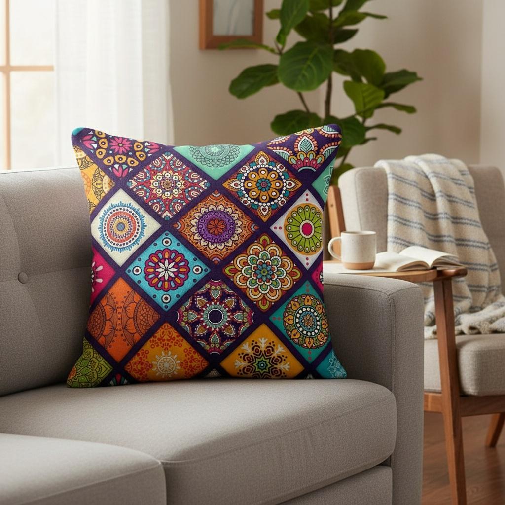 Boho Mandala Patchwork Pillow Cover Colorful Ethnic Floral Print Cushion Case Bohemian Home Decor Yoga Room Gift