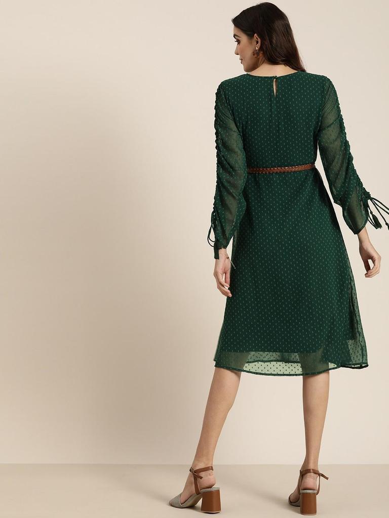 Women Green Self Design A-Line Dress with Belt