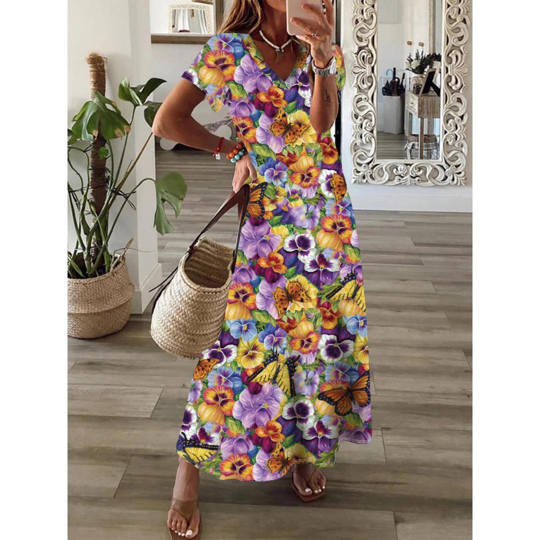 

Женское платье-трапеция QICED весна-лето с V-образным вырезом и короткими рукавами в стиле бохо XXXL