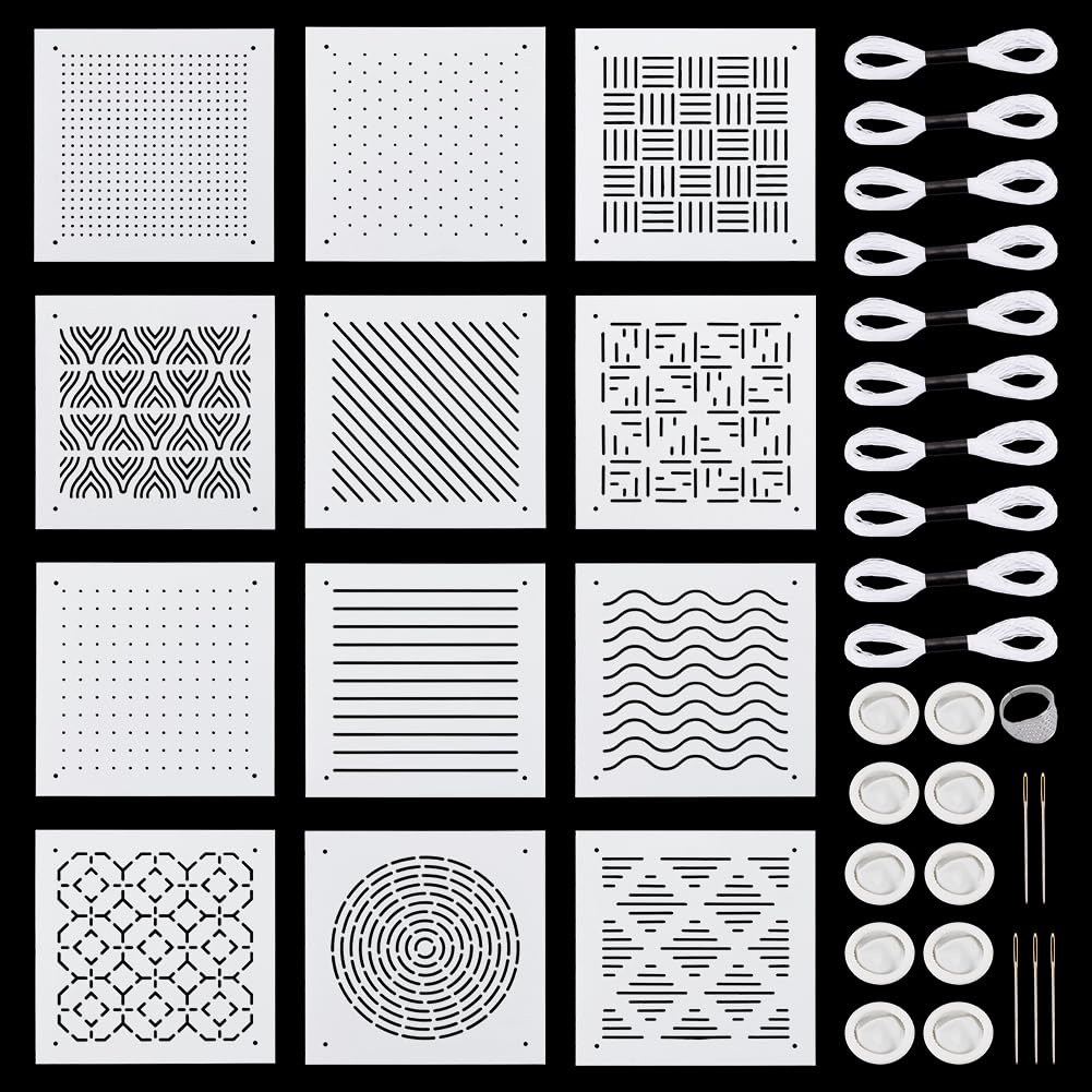 Sashiko Stencil Kit, 38 Pieces, 13×13 cm, Plastic, 12 Designs, for Handcrafts, Quilting, and Patchwork, Includes Finger Protectors and Thread