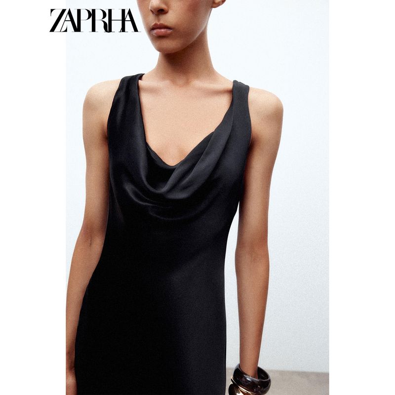 Zaprha 2025 Summer New All-Match Silk Satin Texture Drape V-neck Wide Shoulder with a Length of Dress 2590934