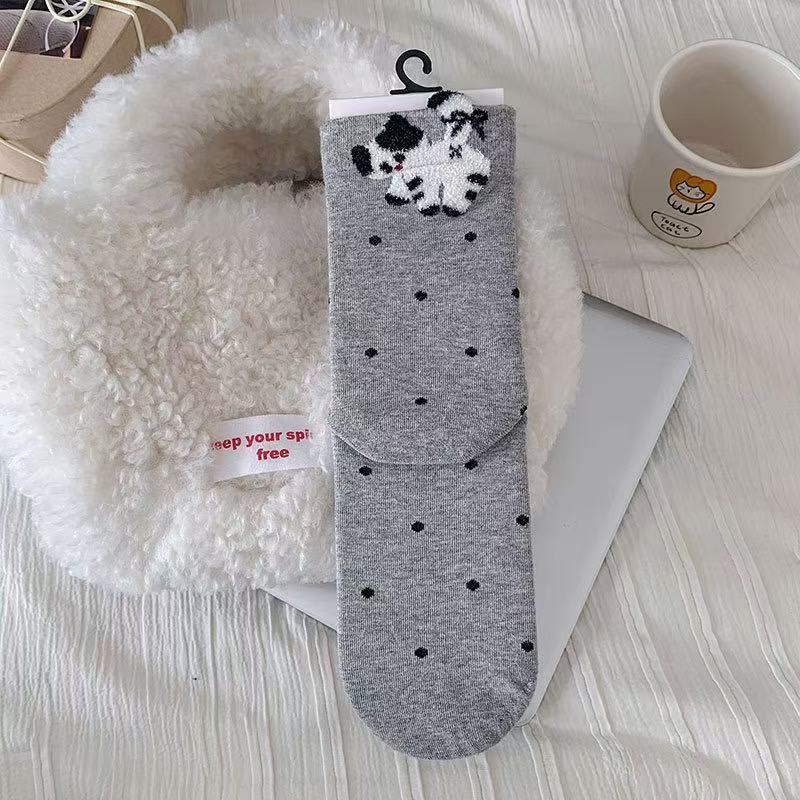 Cartoon Kitten Plush Mid-calf Socks, Girls' Pile Socks, College-style Cotton Socks, Cute Outfit Polka Dot Cat Socks