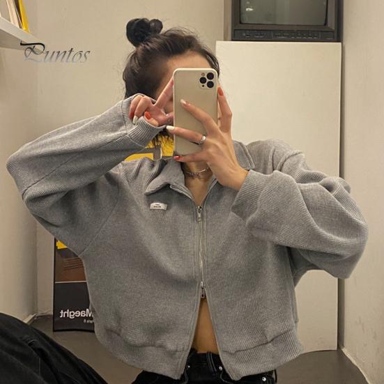 Cardigan Lapel Long Sleeves Zipper Closure Ribbed Women Coat Crop Spring Autumn Thin Solid Color Short Casual