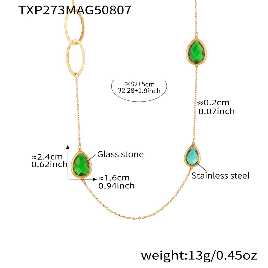 82cm Long Sweater Chain Necklace In Stainless Steel 18k Gold Plated With Shiny Droplet Faceted Glass Stone Necklaces For Women