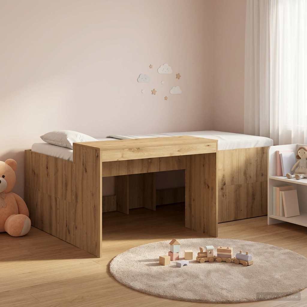 High Bed with Desk for Children Artisan Oak Finish 75 x 190 cm
