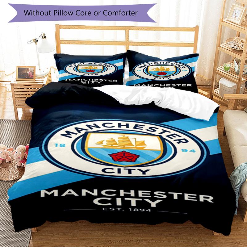 3pcs Manchester City Bedding Set Duvet Cover Closure Includes 1 Duvet Cover & 2 Pillowcases, Soft and Comfortable for All Seasons.
