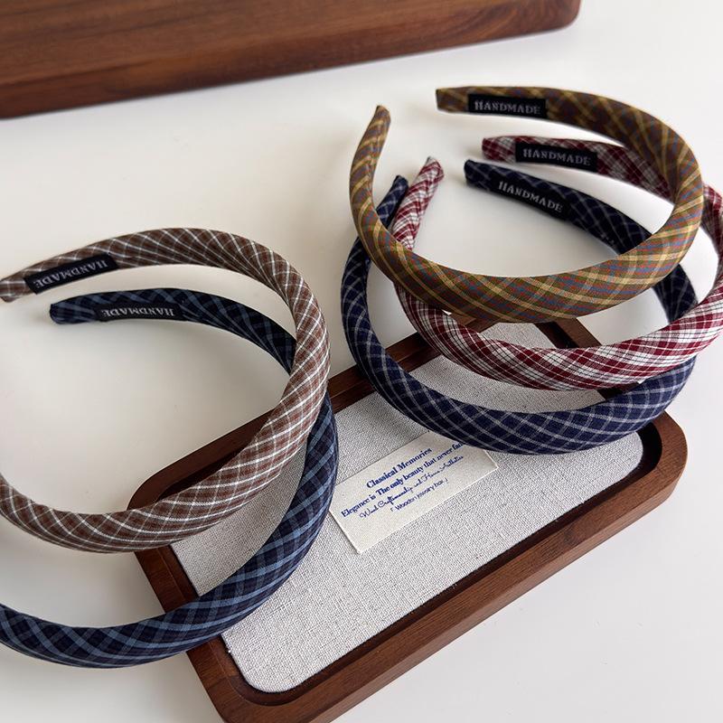 Vintage Preppy Style Fine Plaid Headband Sweet Plaid  Girly Fine Edge Sponge High Skull Top Hair Hoop
