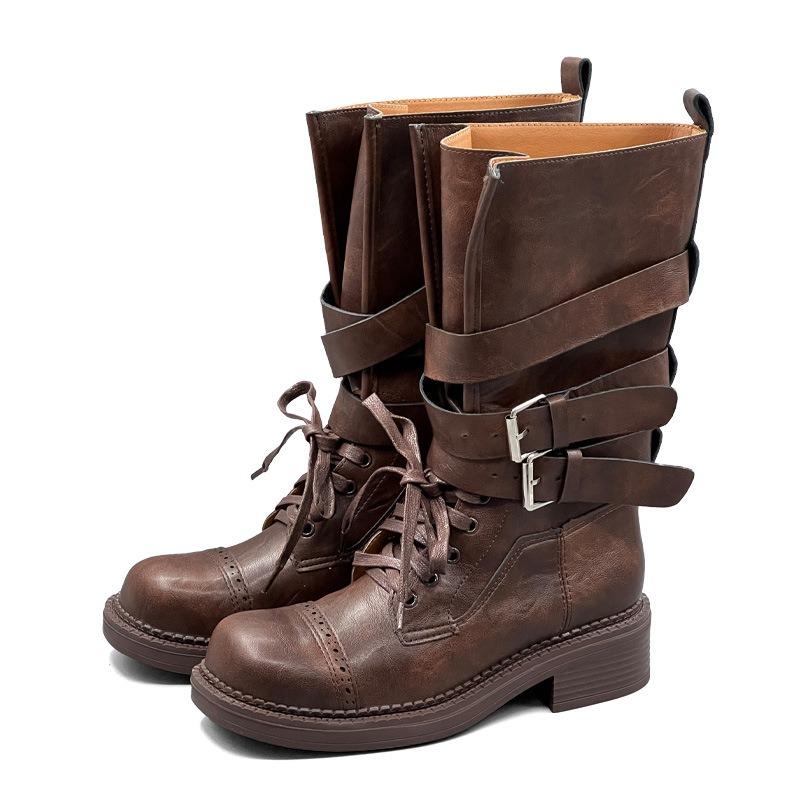 Leather Martin boots women's boots autumn new belt buckle knight boots locomotive boots retro single boots medium boots