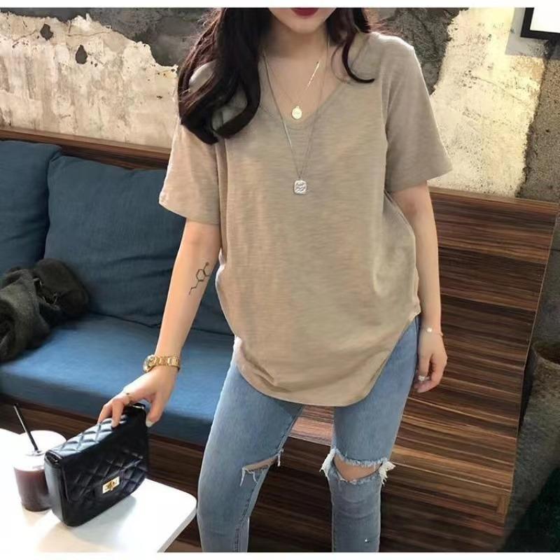 Women's V Neck Short Sleeve Tee Loose Fit Casual Elegant Solid Color Bamboo Cotton Top