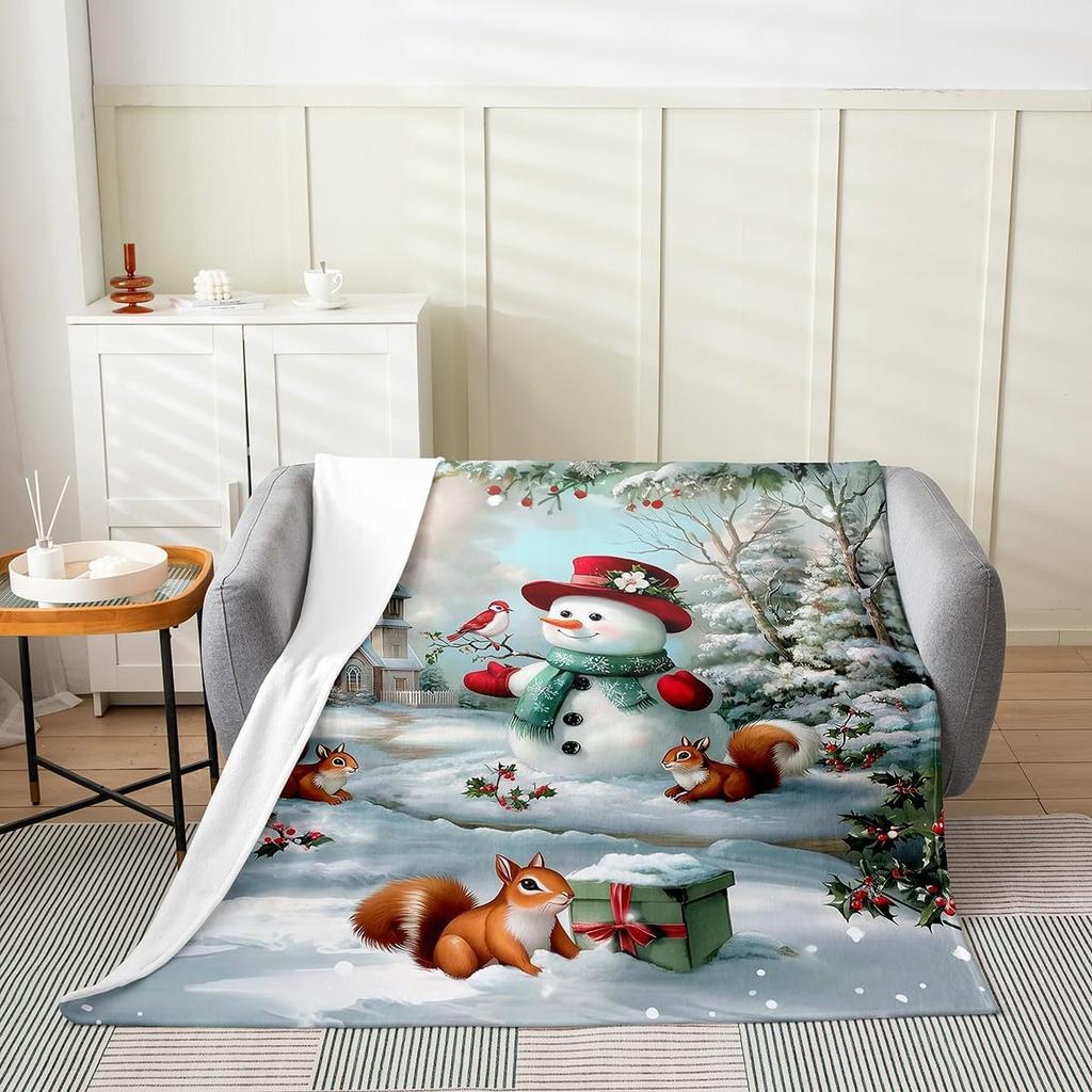 Winter Snowman Throw Blanket Cartoon Farmhouse Rustic Style Flannel Blanket for Kids Teens Adults Watercolor Pine Trees White