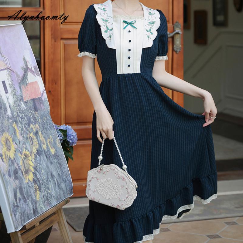 

Cottagecore летнее женское винтажное платье с вышивкой, темно-зеленое платье с квадратным воротником и бантом в стиле ретро, ​​кружевные платья принцессы с оборками