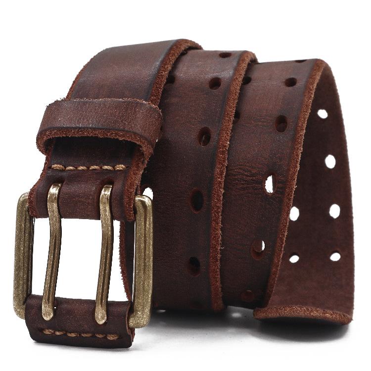 Spring And Summer 3.8 Wide Men'S Double-Needle Italian Cowhide Belt Retro Hollow American Belt