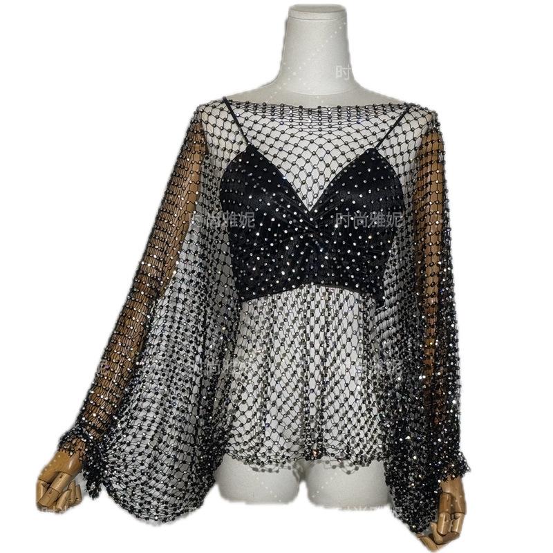 Yanni Rhinestone Mesh Cover-up: Sexy Hot Girl Long Sleeve Bandeau Camisole