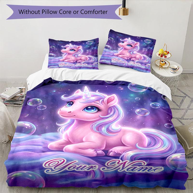 3PC Custom Name Unicorn Dreams Blanket Bedding Set Duvet Cover Closure Includes 1 Duvet Cover & 2 Pillowcases for Bedroom