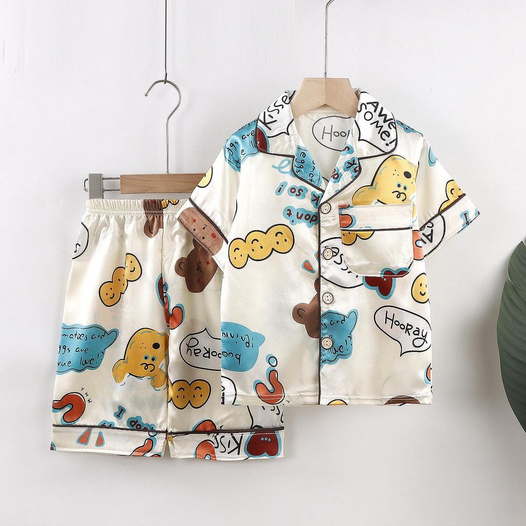 Kids' Cartoon Ice Silk Short Sleeve Pajama Set for Spring and Summer