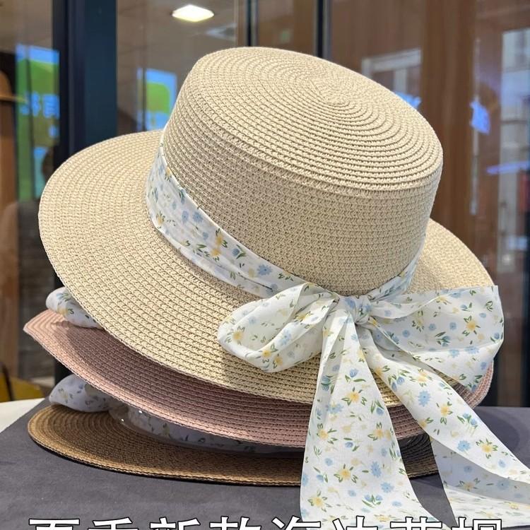 2025 Summer Floral Lace-up Flat-top Straw Hat Children's Large Brim Seaside Vacation Sunshade Sun Hat